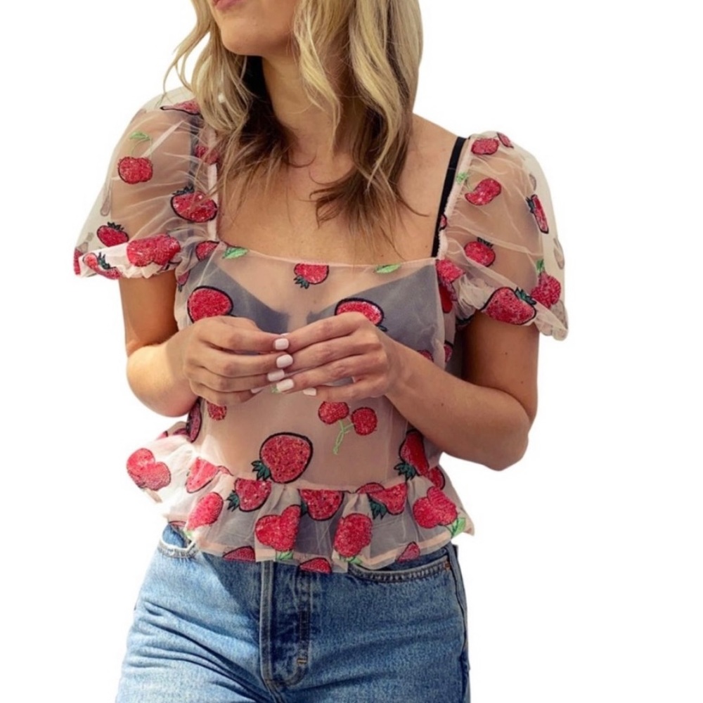 Topshop sheer strawberry blouse with sequins